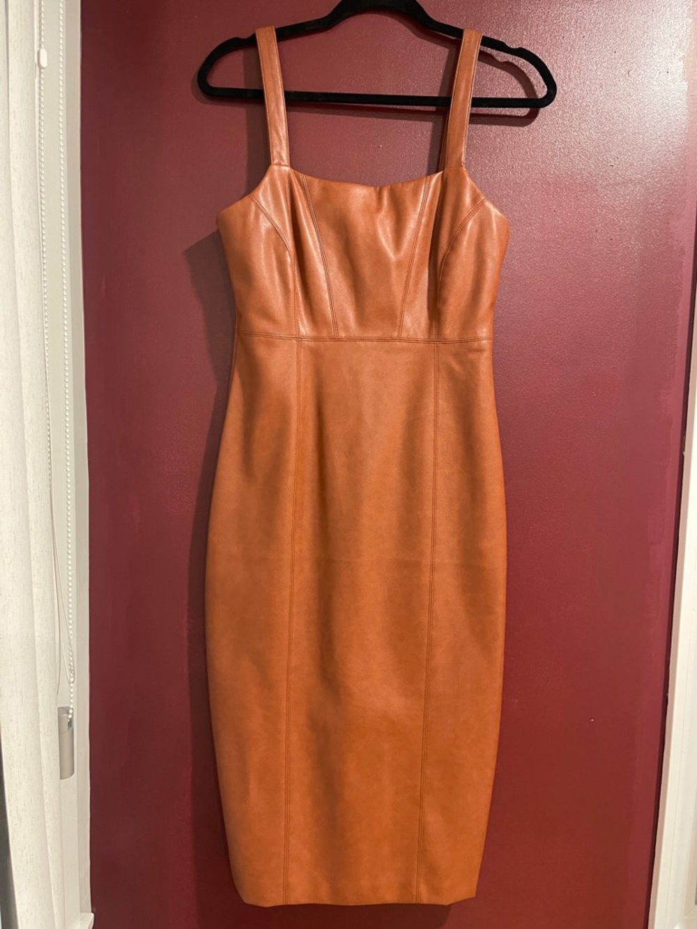7 For All Mankind Faux Leather Midi Dress in Cognac